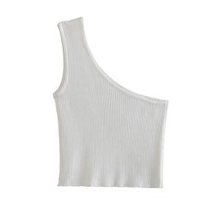 White one-shoulder ribbed knit top with a modern asymmetrical cut and slim fit design