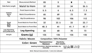 Detailed size chart for women summer suit shorts set with measurements and fabric info