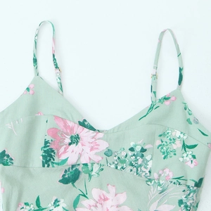 Linen floral midi dress in light green with pink flowers and adjustable straps