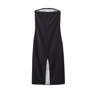 Minimalist black strapless tube dress with front slit and white lining details