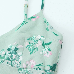 Linen midi dress with floral print featuring adjustable straps and invisible side zipper