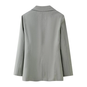 Detailed back view of a grey women's blazer featuring premium textured fabric and slim fit cut