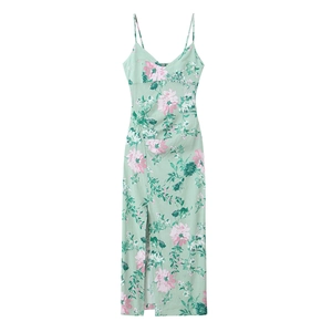 Mint green floral linen midi dress with spaghetti straps and a high side slit