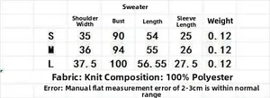 Detailed size guide table for women striped knit top in sizes S, M, and L