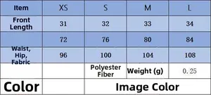 Size chart for high-waisted skirt showing front length, waist, and hip measurements