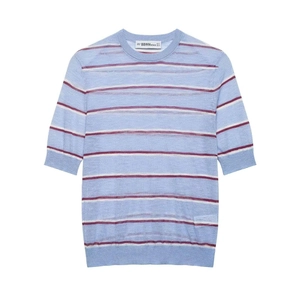 Women's Striped Knitted Short Sleeve Top Casual Round Neck Light Blue Knit Shirt Elegant Summer Lightweight Tee Top