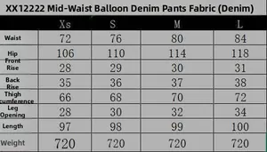 Detailed size chart for mid-waist balloon jeans in denim showing measurements in XS to L