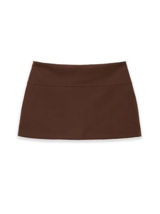 Detailed close-up of dark brown high-waisted mini skirt with clean seam construction