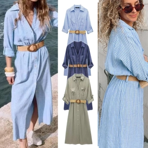 Close-up of linen-blend shirt dress features a classic collar and straw-style belt detail