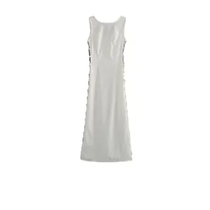 Women Sexy White Sleeveless Round Neck Hollow Out Midi Dress Side Silver Metal Ring Decor Backless Slim Fit Bodycon Summer Dress