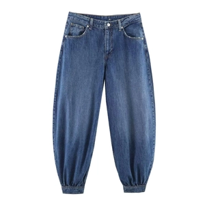 Women Retro Mid Waist Balloon Jeans Fleece Lined Blue Tapered Denim Pants Washed Loose Fit Harem Trousers With Tucks