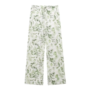 Pantalon large à plat avec imprimé botanique vert et taille réglable avec cordon de serrage