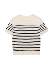 Close-up of stripes on cream short sleeve knit top with fine texture detail