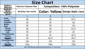 Detailed size chart for yellow off-shoulder chiffon blouse with ruffles and flared sleeves