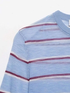 Close-up of lightweight knit top with light blue stripes and round neckline detail