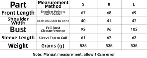 Size chart for black heart cutout blazer including length, shoulder, bust and sleeve info