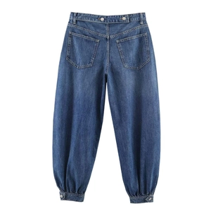 Retro high waist balloon jeans in dark blue wash with adjustable hem buckle and loose fit