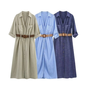 Linen blend shirt dresses in olive green, blue stripes, and navy with woven belts