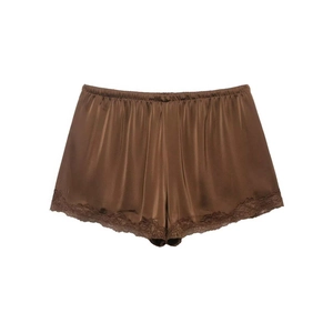 Women's brown satin shorts with elegant lace trim and elastic waistband for summer comfort