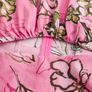 Abito estivo rosa in lino a fiori con vita elastica e cerniera lampo invisibile