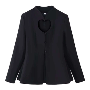 Women Slim Fit Heart Cut Out Blazer Elegant Black Long Sleeve V Neck Single Breasted Mid Length Office Suit Jacket