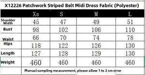 Detailed size chart for striped sleeveless midi dress with measurements in centimeters