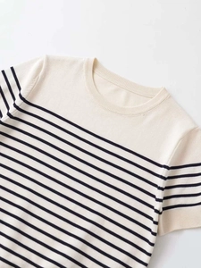 Detail of round neckline and navy stripes on cream knitted short sleeve sweater
