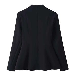 Back view of tailored black blazer for women featuring hollow heart cutout and slim fit cut
