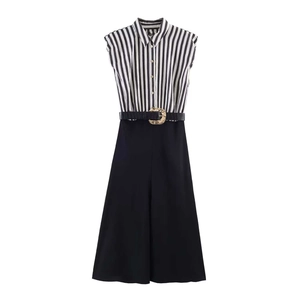 Women's Stripe Patchwork Sleeveless Midi Dress With Belt POLO Neck Single Breasted Slim Fit Summer Commuter Fashion Dress
