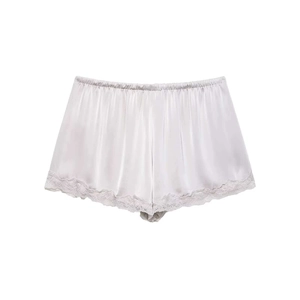 Women's silver satin shorts with elegant lace trim and elastic waistband design