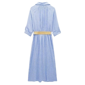 Back view of a striped linen blend shirt dress with a straw textured waist belt