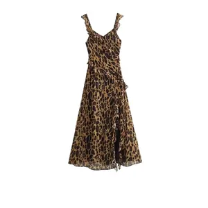 Robe longue léopard à volants pour femme Sexy col en V fente haute ourlet irrégulier robe à bretelles pour vacances d'été