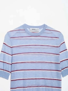 Close-up of a blue striped knit top showing the crew neck detail and woven label