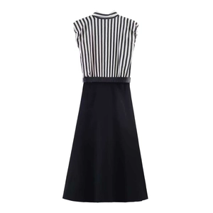 Vertical striped sleeveless A-line dress with high collar and black belt for summer