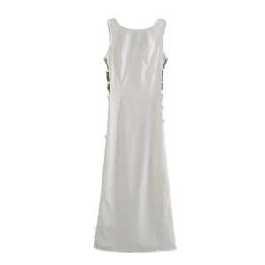 Elegant white sleeveless maxi dress with side ring cutout details and metallic accents