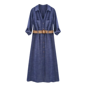 Navy linen-blend shirt dress with roll-up sleeves and woven belt on white background