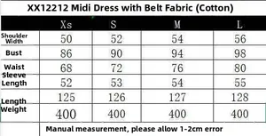 Detailed size guide table for long sleeve midi dress with belt showing measurements