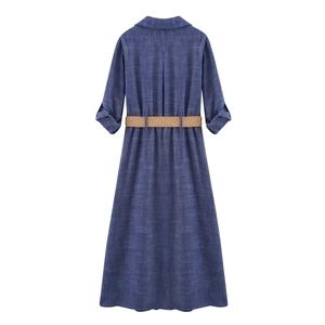 Detail of navy blue linen blend dress back featuring pleated design and braided belt