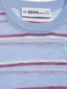 Detail of the blue striped knit top collar showing the BBWM brand label and size tag