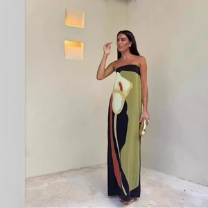 Elegant Women Strapless Tube Top Maxi Dress Calla Lily Floral Print High Waist Bodycon Dress For Summer Vacation Banquet