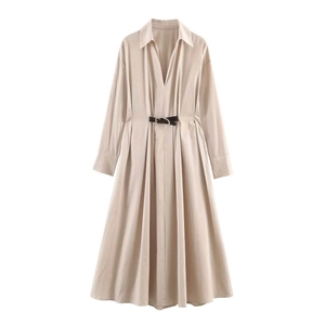Women Elegant Belted Long Sleeve Midi Dress V Neck Lapel Shirt Dress For Office Casual Commuter Polyester Poplin Dress