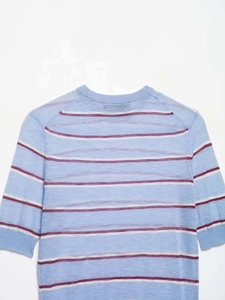 Close-up of striped knit top showing round neck detail and blue white texture