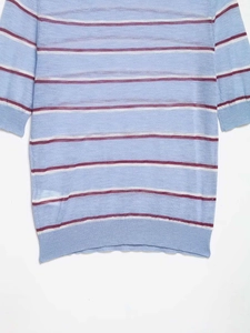 Detailed close-up of light blue and dark red striped knit texture on a short sleeve top