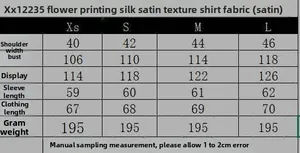 Size guide table for floral print satin shirt showing measurements from XS to L