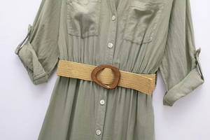 Detail of army green linen blend shirt dress with woven belt and wooden buckle