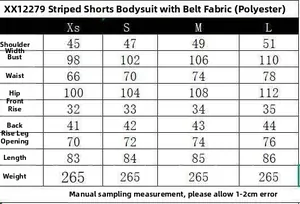 Size chart table for the summer striped short jumpsuit with belt and polyester fabric specs