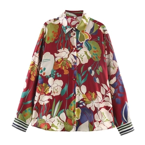 Vintage Floral Print Satin Shirt For Women Long Sleeve Lapel Button Up Blouse With Contrast Striped Cuffs Casual Office Tops