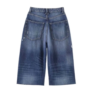 Retro loose deep blue denim shorts with ripped edges and double back pockets