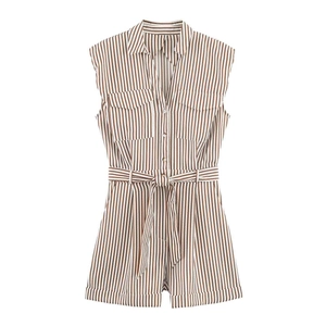 Women Casual Striped Sleeveless Romper With Belt Button Down Summer Beach Jumpsuit With Pockets Fashion Short Romper