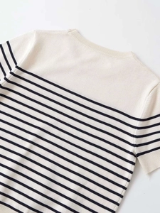 Close-up of the back neckline and striped knit texture of the white short-sleeve shirt